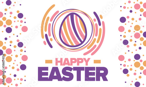 Happy Easter in April. Christian spring holiday in honor of the resurrection of Christ. Biblical history. Traditional dyeing eggs with patterns, fun game for children searching for easter eggs. Vector