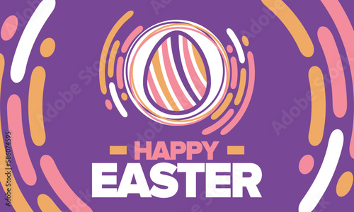 Happy Easter in April. Christian spring holiday in honor of the resurrection of Christ. Biblical history. Traditional dyeing eggs with patterns, fun game for children searching for easter eggs. Vector