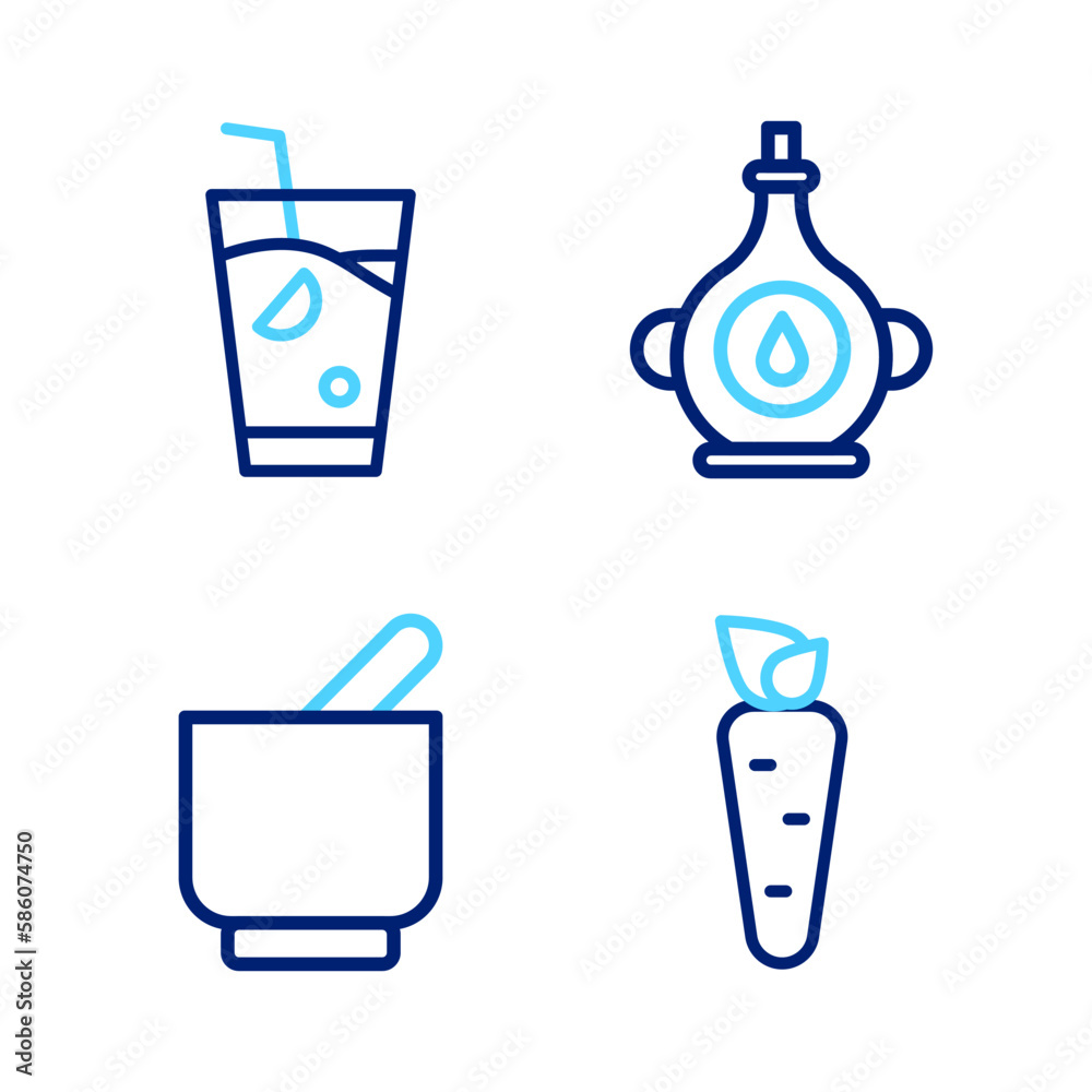 Set line Carrot, Mortar and pestle, Oil bottle and Fresh smoothie icon. Vector Set line Carrot, Mortar and pestle, Oil bottle and Fresh smoothie icon. Vector