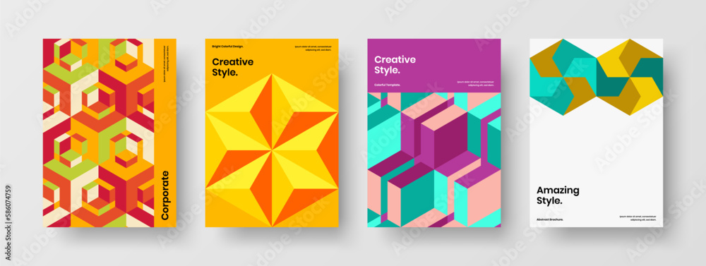 Multicolored mosaic hexagons front page illustration bundle. Clean journal cover A4 vector design template set.