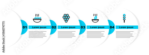 Set line Takoyaki on a stick, Soup with octopus, Caviar and Fish soup icon. Vector