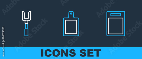Set line Cutting board, Barbecue fork and icon. Vector