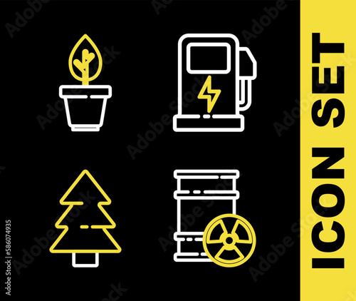 Set line Electric car charging station, Radioactive waste barrel, Christmas tree and Plant pot icon. Vector