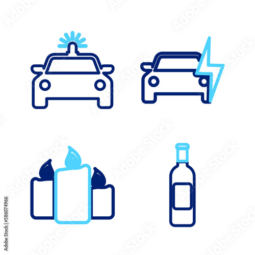 Set line Bottle of wine, Burning candles, Electric car and Police flasher icon. Vector