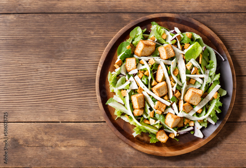 Yummy! A fresh salad with croutons. Absolute food porn! Ideal as a banner, header or background. Space for text.