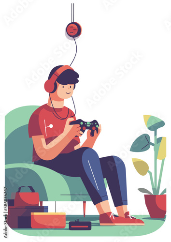 Flat color vector illustration of teen boy playing video game