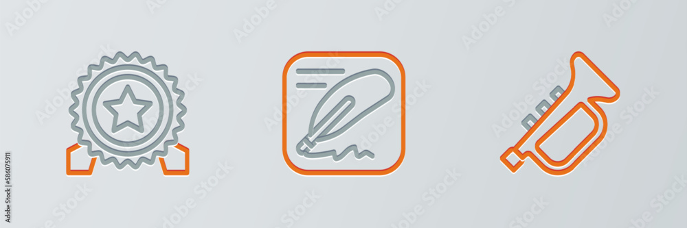 Set line Trumpet, Medal with star and Declaration of independence icon. Vector Set line Trumpet, Medal with star and Declaration of independence icon. Vector