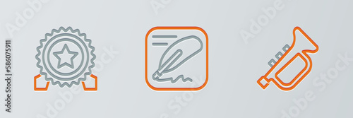 Set line Trumpet, Medal with star and Declaration of independence icon. Vector