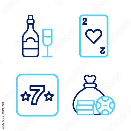 Set line Money bag  Casino slot machine  Playing card with heart and Champagne bottle glass icon. Vector