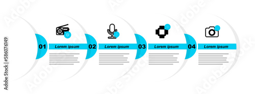 Set line Photo camera setting, Processor, Microphone and Radio icon. Vector