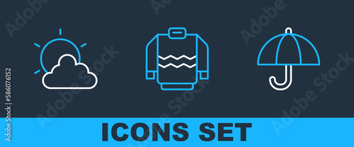 Set line Umbrella, Sun and cloud weather and Sweater icon. Vector