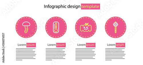 Set line Pumpkin, Honey dipper stick, Thermometer and Mushroom icon. Vector