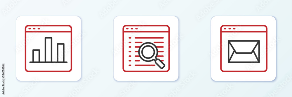 Set line Website and mail, Graph chart infographic and Search engine icon. Vector Set line Website and mail, Graph chart infographic and Search engine icon. Vector
