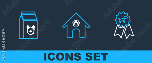 Set line Dog award symbol, Bag of food for dog and house and paw print pet icon. Vector