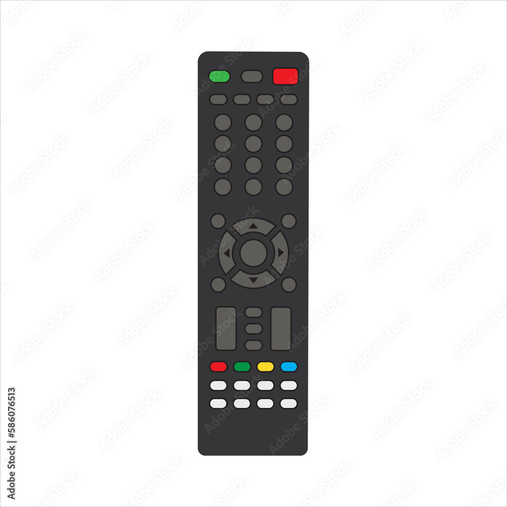 TV remote control device isolated on white background Television technology channel surfing equipment with icon buttons Technology Telecommunication Keyboard. Vector illustration. TV remote control device isolated on white background Television technology channel surfing equipment with icon buttons Technology Telecommunication Keyboard. Vector illustration.