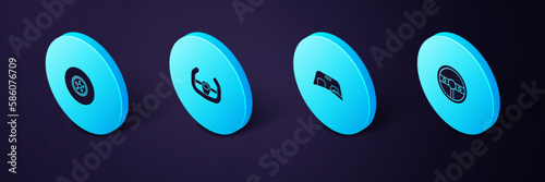 Set Isometric Steering wheel, Car windscreen, Sport steering and brake disk icon. Vector