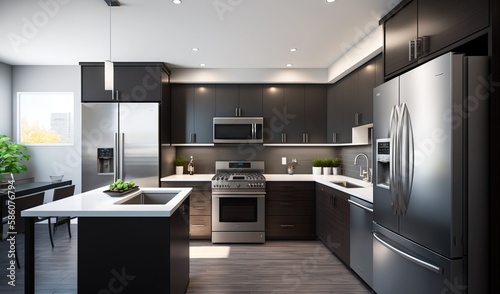  a modern kitchen with stainless steel appliances and dark wood cabinets.  generative ai