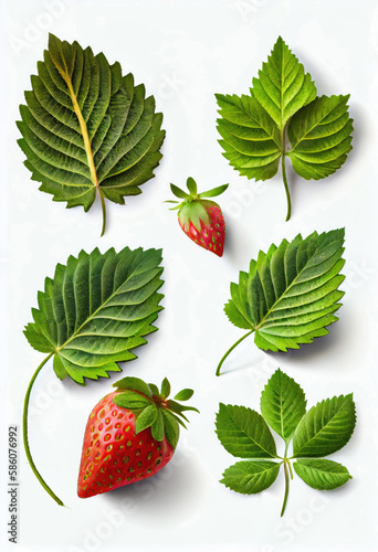 Set of strawberry leaf isolated on white background with Generative AI Technology