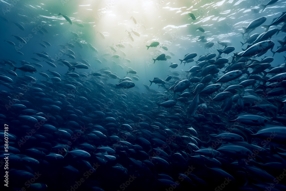 Fototapeta premium Big fish swarm underwater - Generative AI
