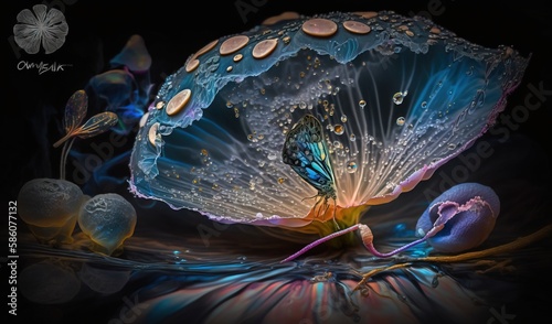  a blue butterfly sitting on top of a blue flower covered in water. generative ai