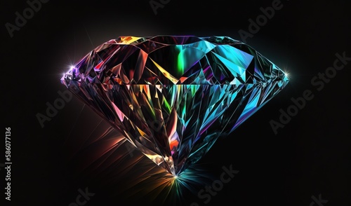  a colorful diamond on a black background with a light reflection.  generative ai