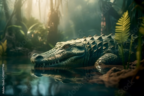 Crocodile in tropical rainforest near water - Generative AI