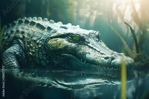 Crocodile in tropical rainforest near water - Generative AI