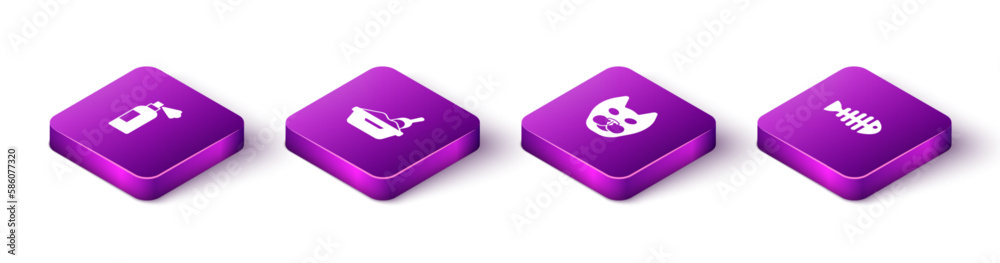 Set Isometric Pet shampoo, Cat litter tray with shovel, and Fish skeleton icon. Vector Set Isometric Pet shampoo, Cat litter tray with shovel, and Fish skeleton icon. Vector