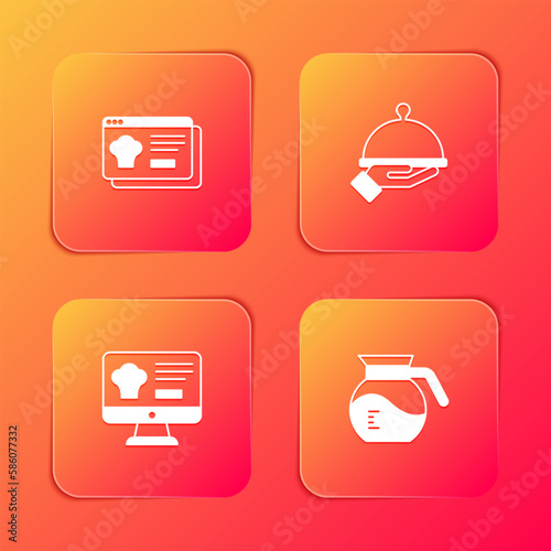 Set Online ordering and delivery, Covered with tray of food, and Coffee pot icon. Vector