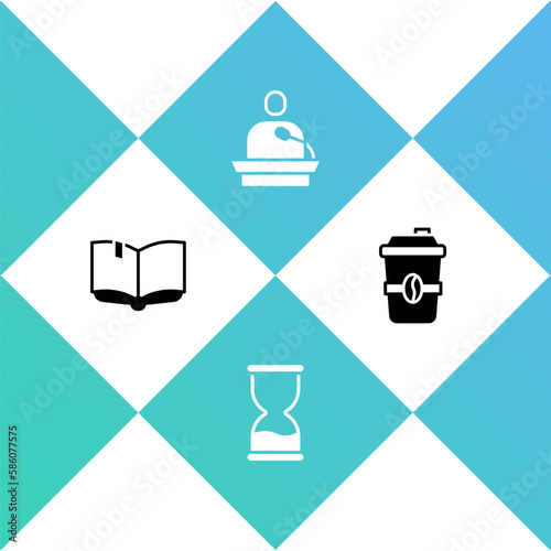 Set Open book, Old hourglass, Gives lecture and Coffee cup to go icon. Vector