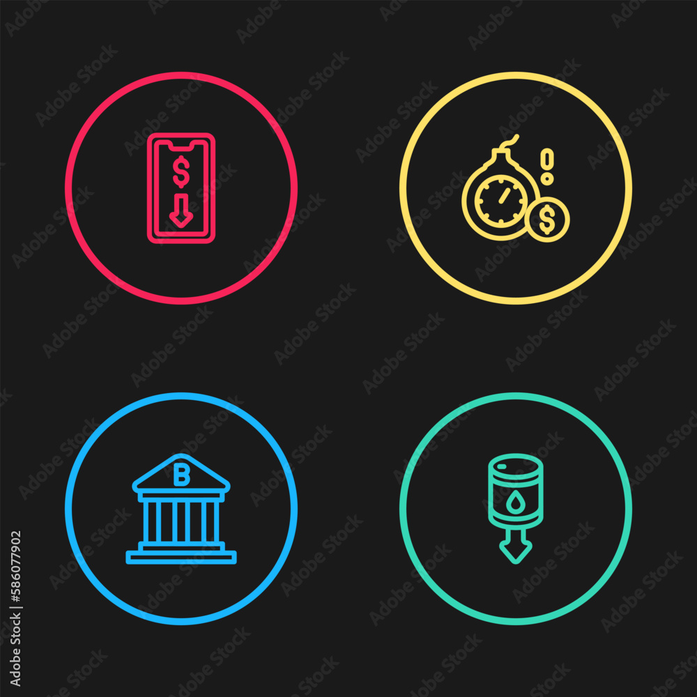 Set line Bank building, Drop crude oil price, Money bomb dollar crisis and Mobile stock trading icon. Vector Set line Bank building, Drop crude oil price, Money bomb dollar crisis and Mobile stock trading icon. Vector