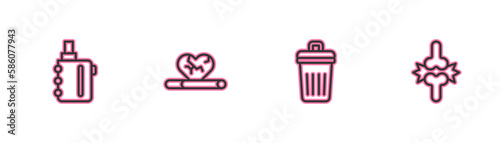 Set line Electronic cigarette, Trash can, Heart disease with smoking and Joint pain, knee pain icon. Vector