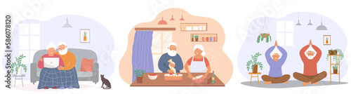 A set of flat images of an elderly couple at home. Old people are watching a laptop, sitting on the couch under a blanket, cooking in the kitchen, doing exercises. Pensioners are active together. 