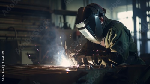 Industrial welder welding metal profiles. Generative AI