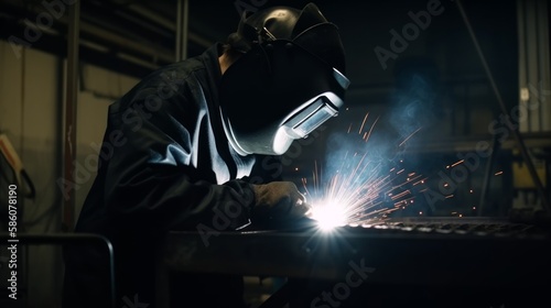 Industrial welder welding metal profiles. Generative AI © Collab Media