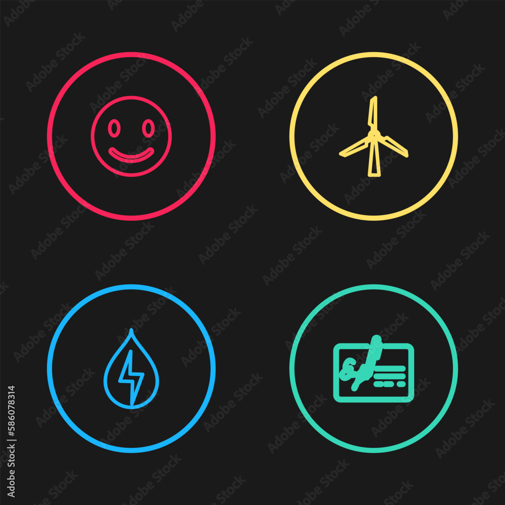 Set line Water energy, Signed document, Wind turbine and Smile face icon. Vector Set line Water energy, Signed document, Wind turbine and Smile face icon. Vector