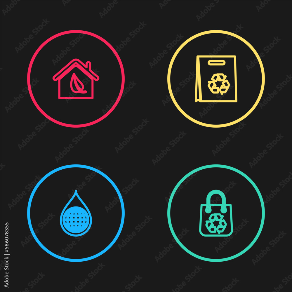 Set line Earth planet in water drop, Shopping bag with recycle, and Eco friendly house icon. Vector Set line Earth planet in water drop, Shopping bag with recycle, and Eco friendly house icon. Vector
