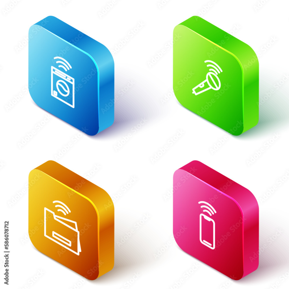 Set Isometric line Smart washer, Wireless microphone, printer and smartphone icon. Vector Set Isometric line Smart washer, Wireless microphone, printer and smartphone icon. Vector