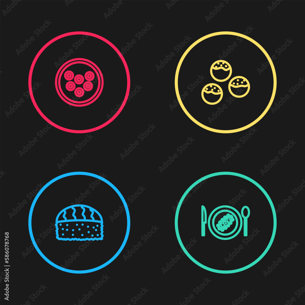 Set line Sushi, Served cucumber on a plate, Takoyaki and Caviar icon. Vector Set line Sushi, Served cucumber on a plate, Takoyaki and Caviar icon. Vector
