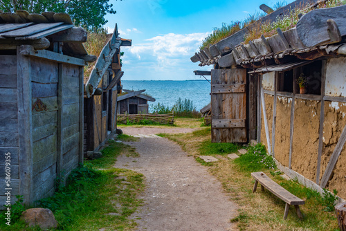 Wooden huts at Foteviken viking museum in Sweden photo