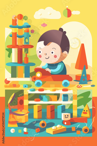 Flat color vector illustration of child playing with toys