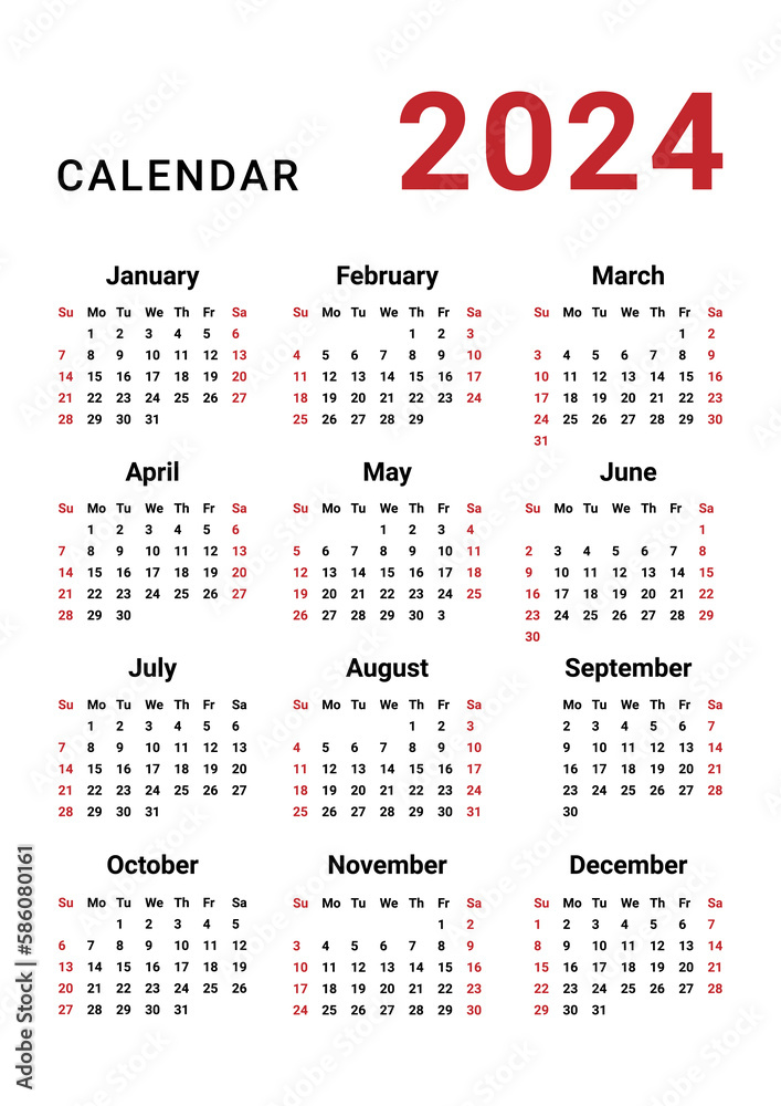 Calendar 2024 template vector, simple minimal design, Planner 2024 year, Wall calendar 2024 year, Week Starts sunday, Set of 12 calendar, advertisement, printing, stationery, organization office