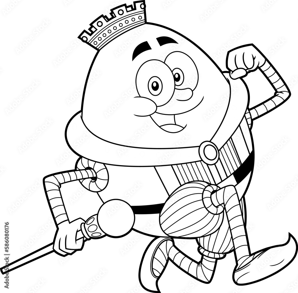 Outlined Happy Humpty Dumpty King Egg Cartoon Character Running. Vector Hand Drawn Illustration Isolated On Transparent Background