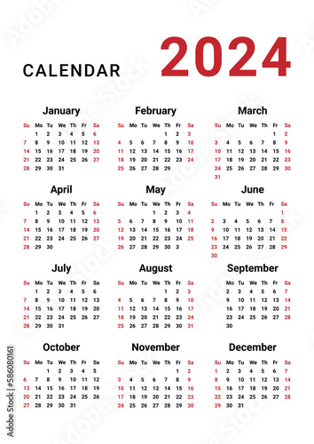 Obraz na płótnie Calendar 2024 template vector, simple minimal design, Planner 2024 year, Wall calendar 2024 year, Week Starts sunday, Set of 12 calendar, advertisement, printing, stationery, organization office w salonie