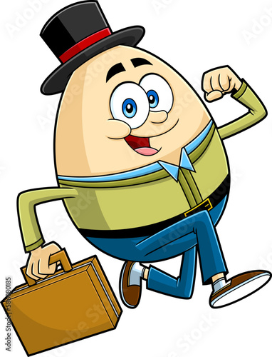 Happy Humpty Dumpty Egg Cartoon Character Running And Carries Briefcase. Vector Hand Drawn Illustration Isolated On Transparent Background photo