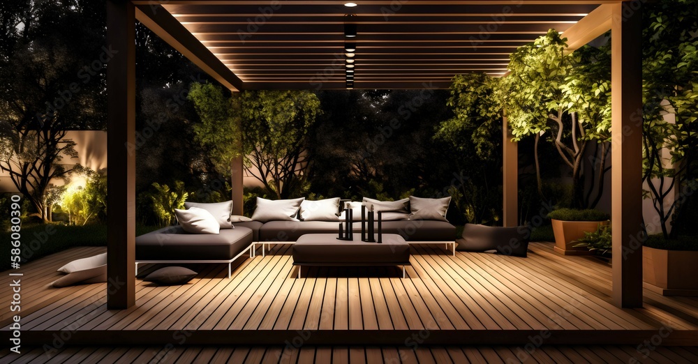 Fototapeta premium Terrace with wooden elements in garden. Greenery scenery, night. Generative AI