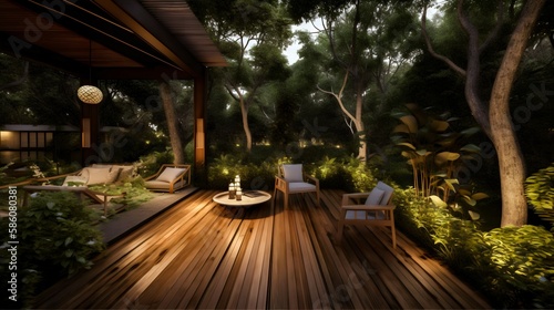 Wooden terrace in green garden with trees, chairs, lights and table. Generative AI © Dawid