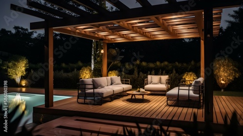 Terrace made with wood, grey sofa, chair, armchair and table. Swimming pool. Contemporary design. Generative AI