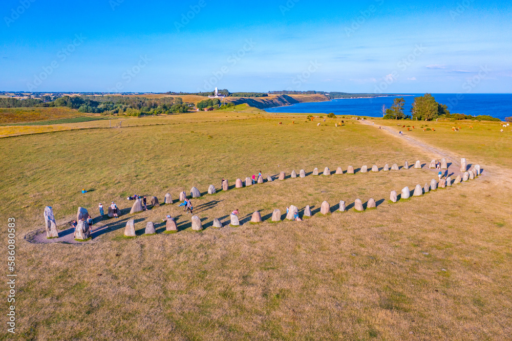 Ales stenar megalithic monument in coastal Sweden - obrazy, fototapety, plakaty 