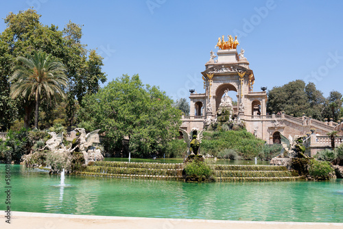 The Small Lake and Large Fountain designed by Josep Fontserè inside The Parc de la Ciutadella, Citadel Park, in Ciutat Vella Neighborhood in Barcelona, Catalonia, Spain photo